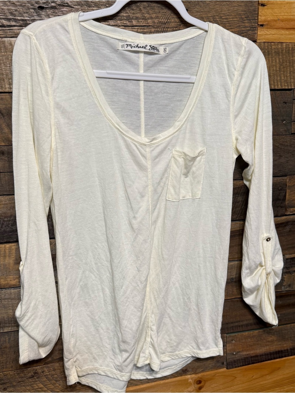 Michael Stars Womens OS One Size Cream Ivory Original Scoop Neck 3/4 Sleeve Tee